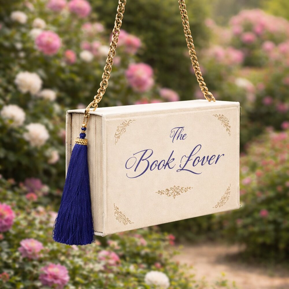 Bookmark Purse, Book Carrier, Paperback Purse, Gold Strap with Long Blue Tassel